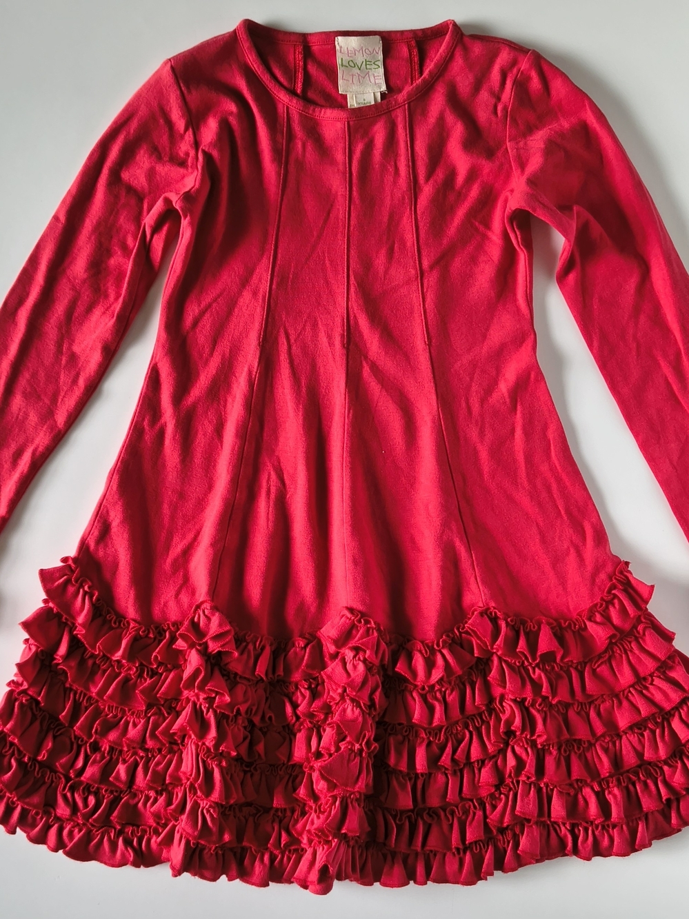 Lemon Loves Lime Girls Fit & Flare Red Long Sleeve Ruffle Hem Dress • SZ 8